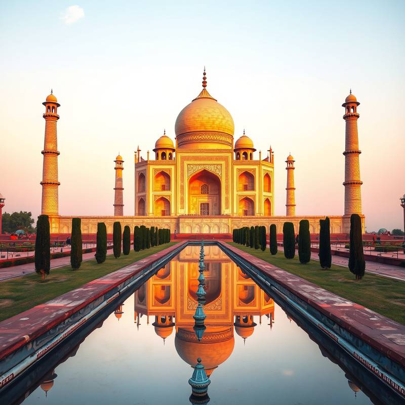 El Taj Mahal iluminado por la luz del amanecer, un símbolo del amor y la arquitectura mogol en Agra, India.