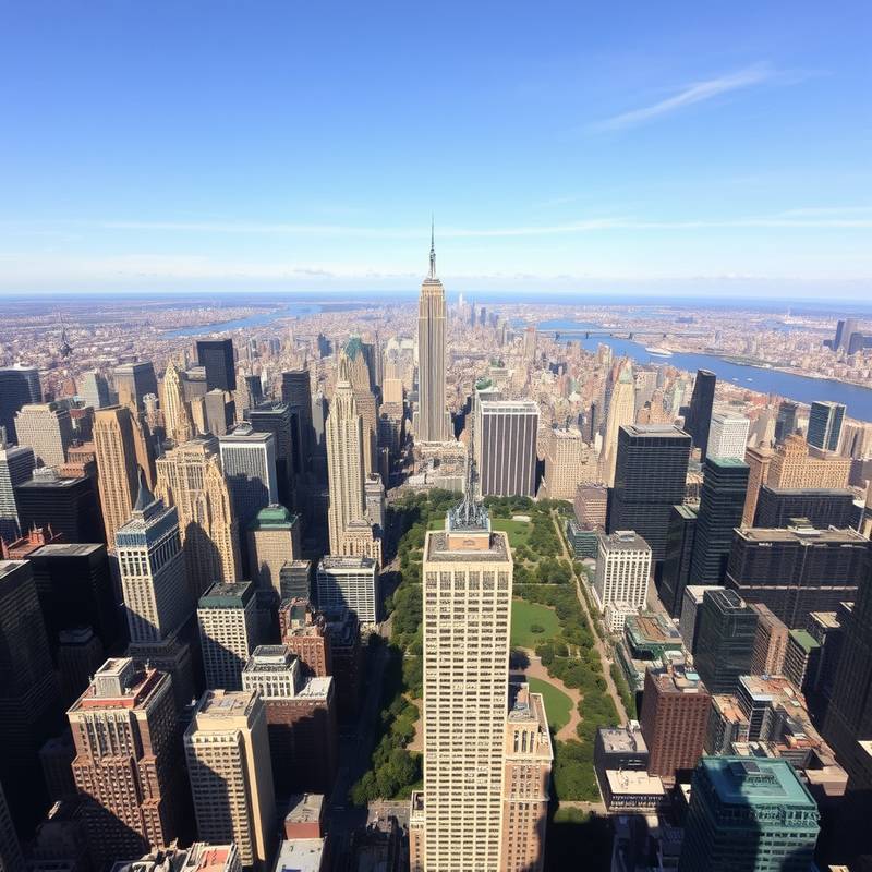 Fotografía aérea de Nueva York, EE.UU., con sus rascacielos, el Central Park y el río Hudson.