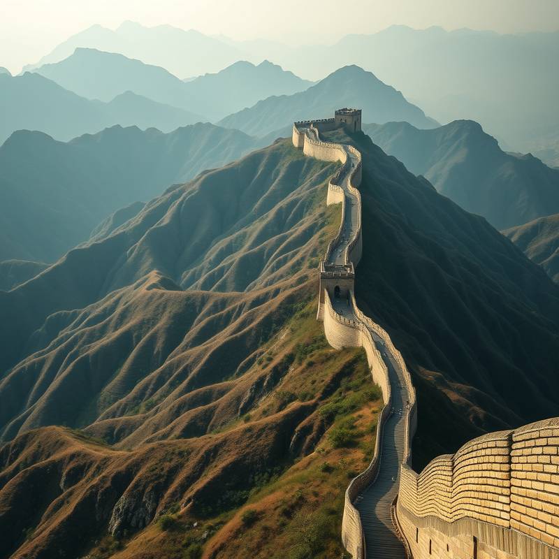 Fotografía de la Gran Muralla China serpenteando a través de las montañas, mostrando su inmensidad y belleza.