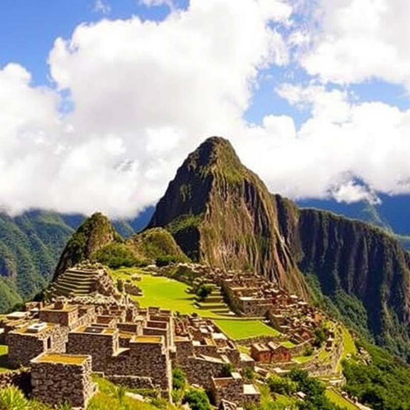 Fotografía de Machu Picchu, Perú, con sus ruinas incas rodeadas de montañas verdes y nubes.