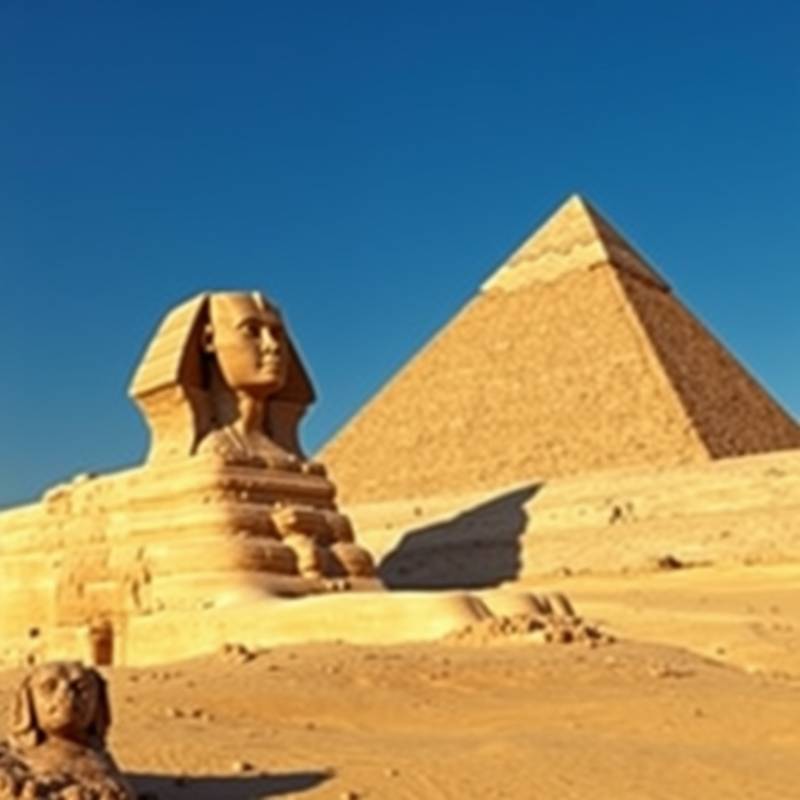Imagen de las pirámides de Giza y la Esfinge en Egipto, con un cielo azul y el desierto de fondo.