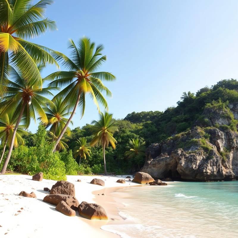 Imagen de las playas de arena blanca y aguas turquesas de Bali, Indonesia, con palmeras y vegetación exuberante.
