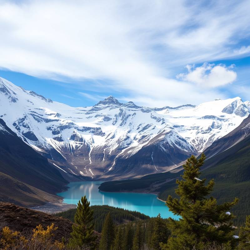 Impresionante paisaje de montañas nevadas y un lago turquesa en la Patagonia Argentina, destacando la belleza natural del destino.