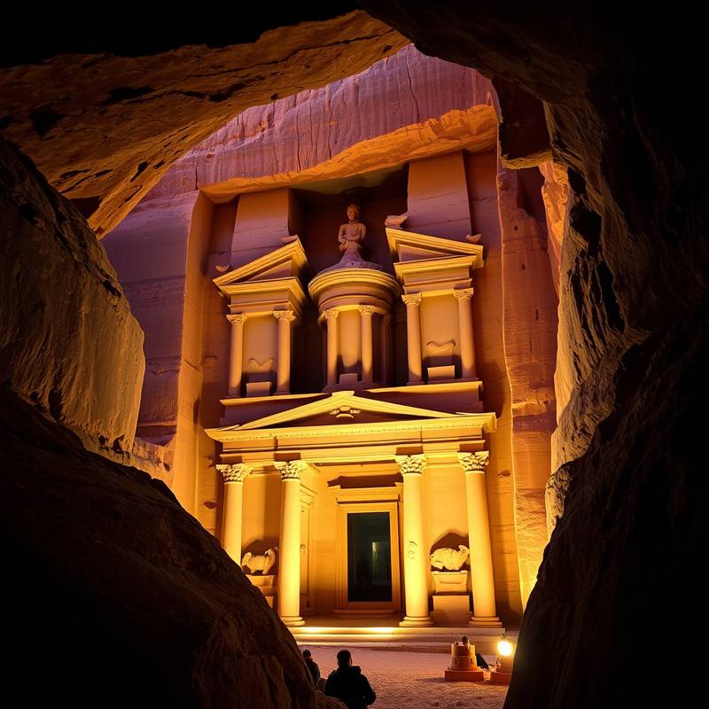La antigua ciudad de Petra, Jordania, con el Tesoro tallado en la roca, un impresionante ejemplo de arquitectura nabatea.