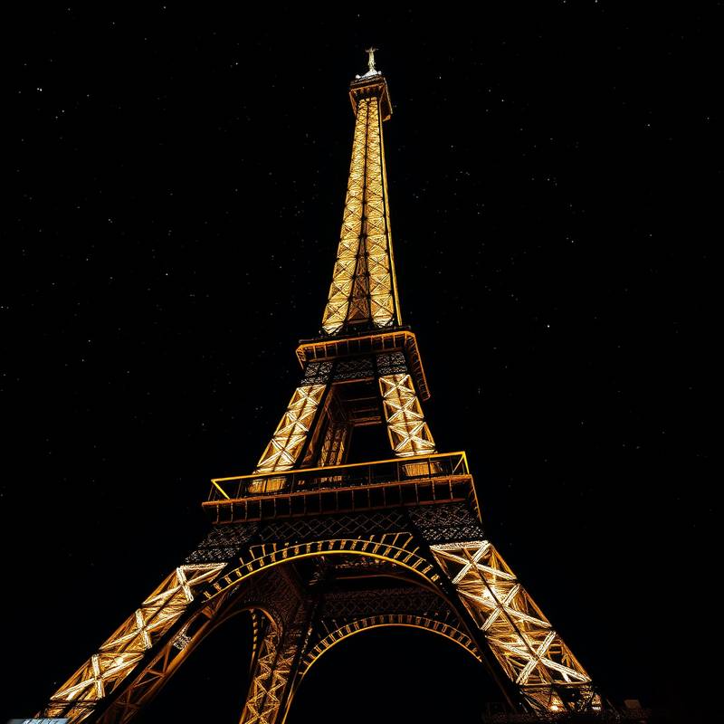 La Torre Eiffel iluminada de noche en París, Francia, con el cielo estrellado de fondo.