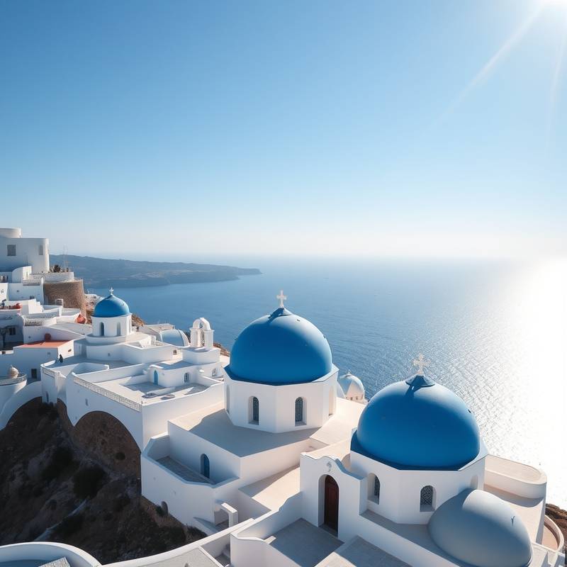 Paisaje de Santorini, Grecia, con sus casas blancas y cúpulas azules sobre el mar Egeo.