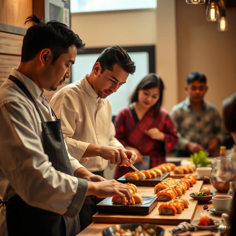 Un chef enseñando a un grupo de personas cómo preparar sushi en un taller de cocina japonesa, simbolizando la gastronomía y el aprendizaje cultural.