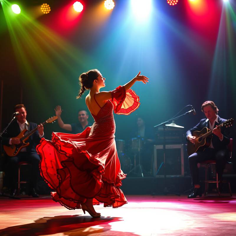 Un espectáculo de flamenco en vivo con una bailaora apasionada y músicos talentosos, representando la cultura y el arte español.