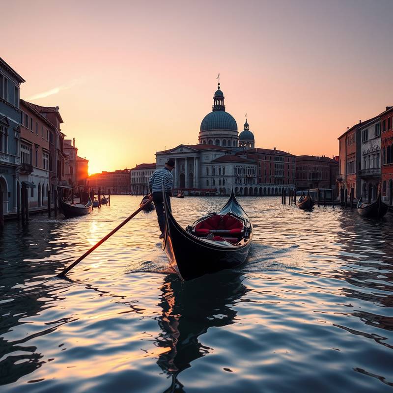 Un gondolero navegando por los canales de Venecia al atardecer, con edificios históricos reflejados en el agua, evocando el romance y el encanto de la ciudad.