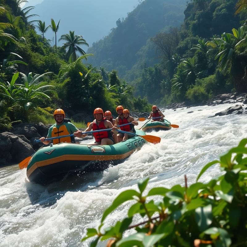 Un grupo de personas practicando rafting en un río de aguas bravas rodeado de exuberante vegetación, representando la aventura y el trabajo en equipo.