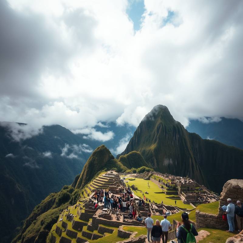 Un grupo de turistas visitando las ruinas de Machu Picchu, con montañas imponentes y nubes bajas como telón de fondo, representando la historia y la cultura.