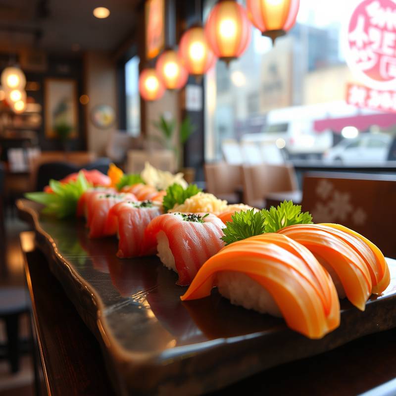 Un plato de sushi fresco y colorido en un restaurante de Tokio, Japón, mostrando la rica gastronomía japonesa.