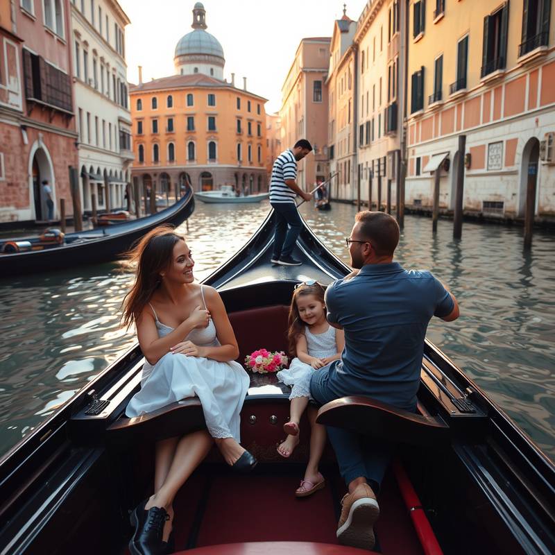 Una familia disfrutando de un paseo en góndola por los canales de Venecia, Italia, un destino romántico y pintoresco.
