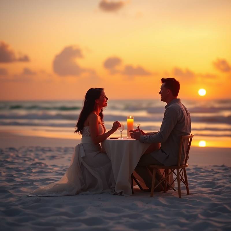 Una pareja disfrutando de una cena romántica a la luz de las velas en una playa de arena blanca al atardecer, simbolizando el romance y las experiencias especiales.