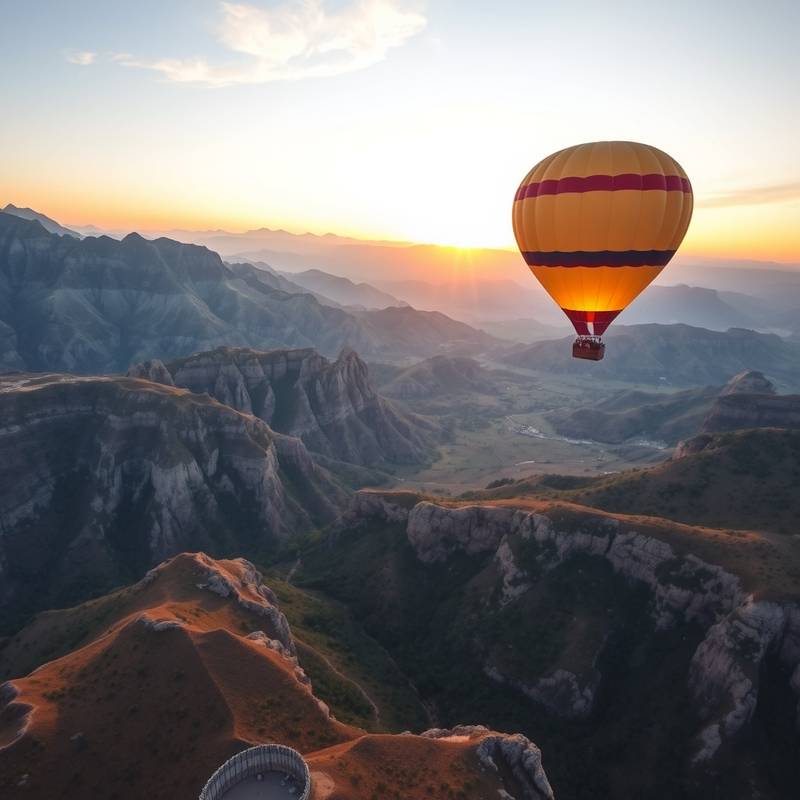 Una vista aérea de un globo aerostático volando sobre un paisaje montañoso al amanecer, simbolizando la aventura y las experiencias únicas.