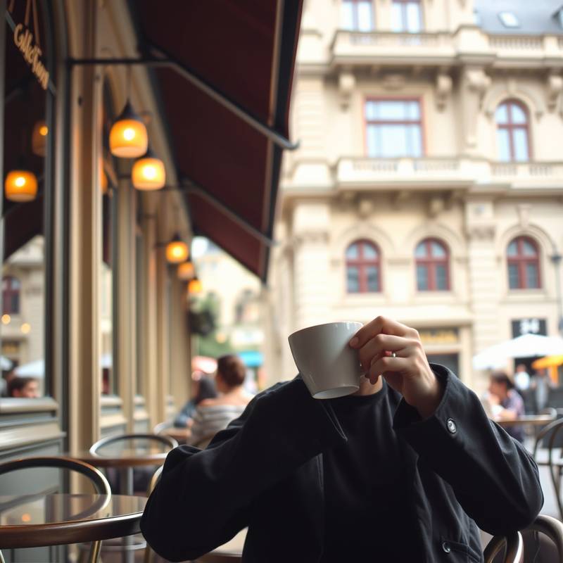 Vista de una persona disfrutando de una taza de café caliente en un café tradicional vienés, rodeado de la elegancia arquitectónica de Viena.
