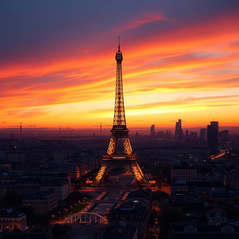 Vista panorámica de la ciudad de París con la Torre Eiffel iluminada al atardecer, un destino icónico y romántico.